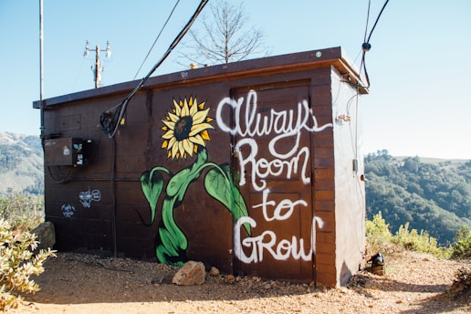 A small brown utility building decorated with a colorful mural of a sunflower and green leaves. The words 'Always Room to Grow' are painted in large white script. Electrical wires and equipment are visible, and the building is surrounded by a natural landscape with hills and greenery.