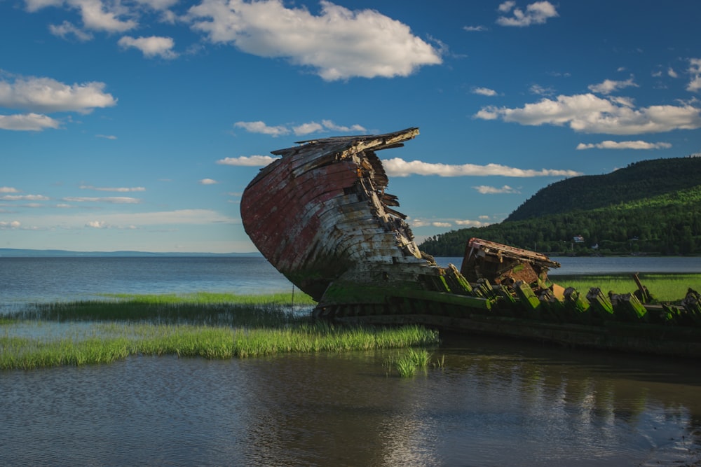 wrecked ship on grass sea