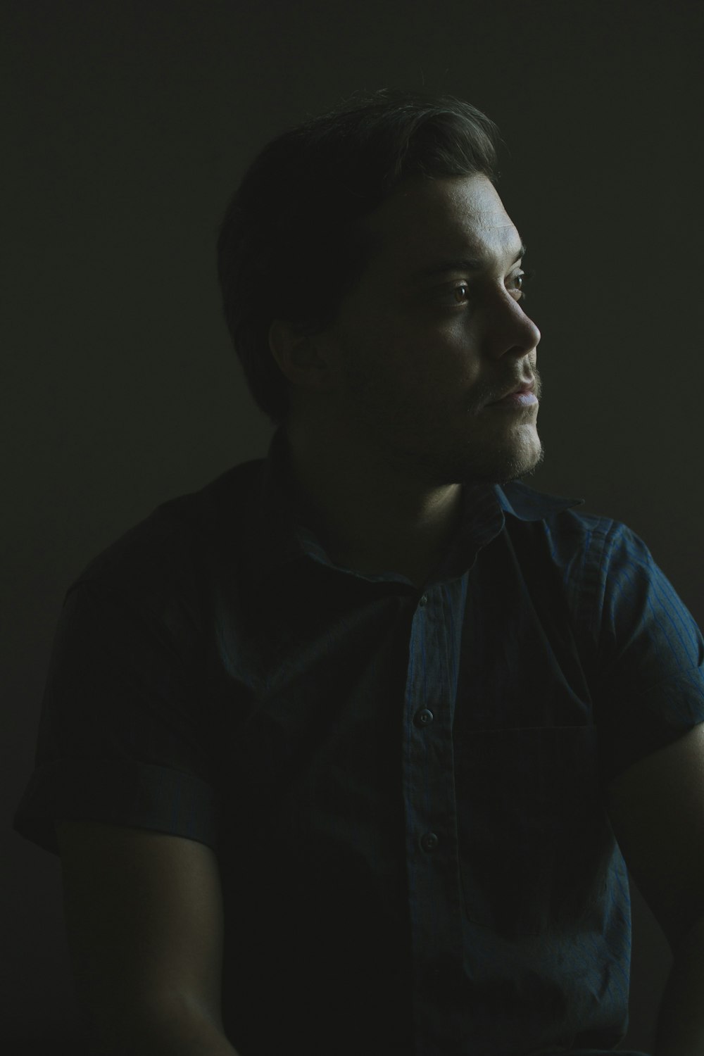 man wearing blue button-up collared short-sleeved shirt