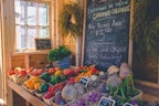 A cozy, rustic market stall displaying a variety of colorful fresh produce such as tomatoes, bell peppers, carrots, and turnips. A blackboard with handwritten notes on organic offerings, pricing, and a chicken advertisement is prominently displayed. Potted herbs and several hanging plants add a touch of greenery to the sunny, wooden interior.