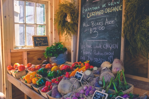 A cozy, rustic market stall displaying a variety of colorful fresh produce such as tomatoes, bell peppers, carrots, and turnips. A blackboard with handwritten notes on organic offerings, pricing, and a chicken advertisement is prominently displayed. Potted herbs and several hanging plants add a touch of greenery to the sunny, wooden interior.