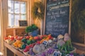 A cozy, rustic market stall displaying a variety of colorful fresh produce such as tomatoes, bell peppers, carrots, and turnips. A blackboard with handwritten notes on organic offerings, pricing, and a chicken advertisement is prominently displayed. Potted herbs and several hanging plants add a touch of greenery to the sunny, wooden interior.