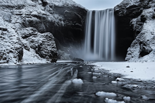 grayscale photo of waterfalls in Skógafoss Iceland