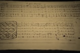 A sheet of music manuscript with printed musical notes and handwritten annotations. The page appears aged, with visible yellowing and ink smudges. A section on the left contains a grid filled with musical notation, while the main body of the page shows lines of musical notes and lyrics.