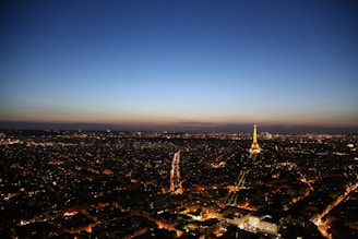 Wide shot of a city skyline at dusk with glowing lights.