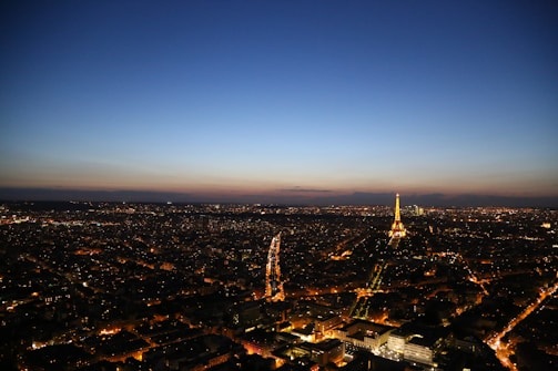 Wide shot of a city skyline at dusk with glowing lights.