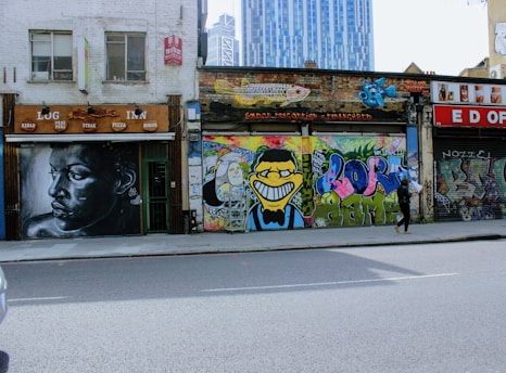 A vibrant urban street scene with graffiti art and a musician playing a guitar, capturing the essence of hip hop culture.