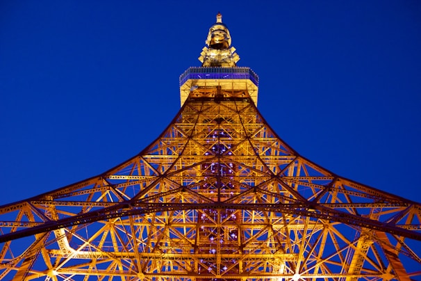 Nighttime image of illuminated infrastructure with steel grey and deep blue tones highlighting structural elegance.