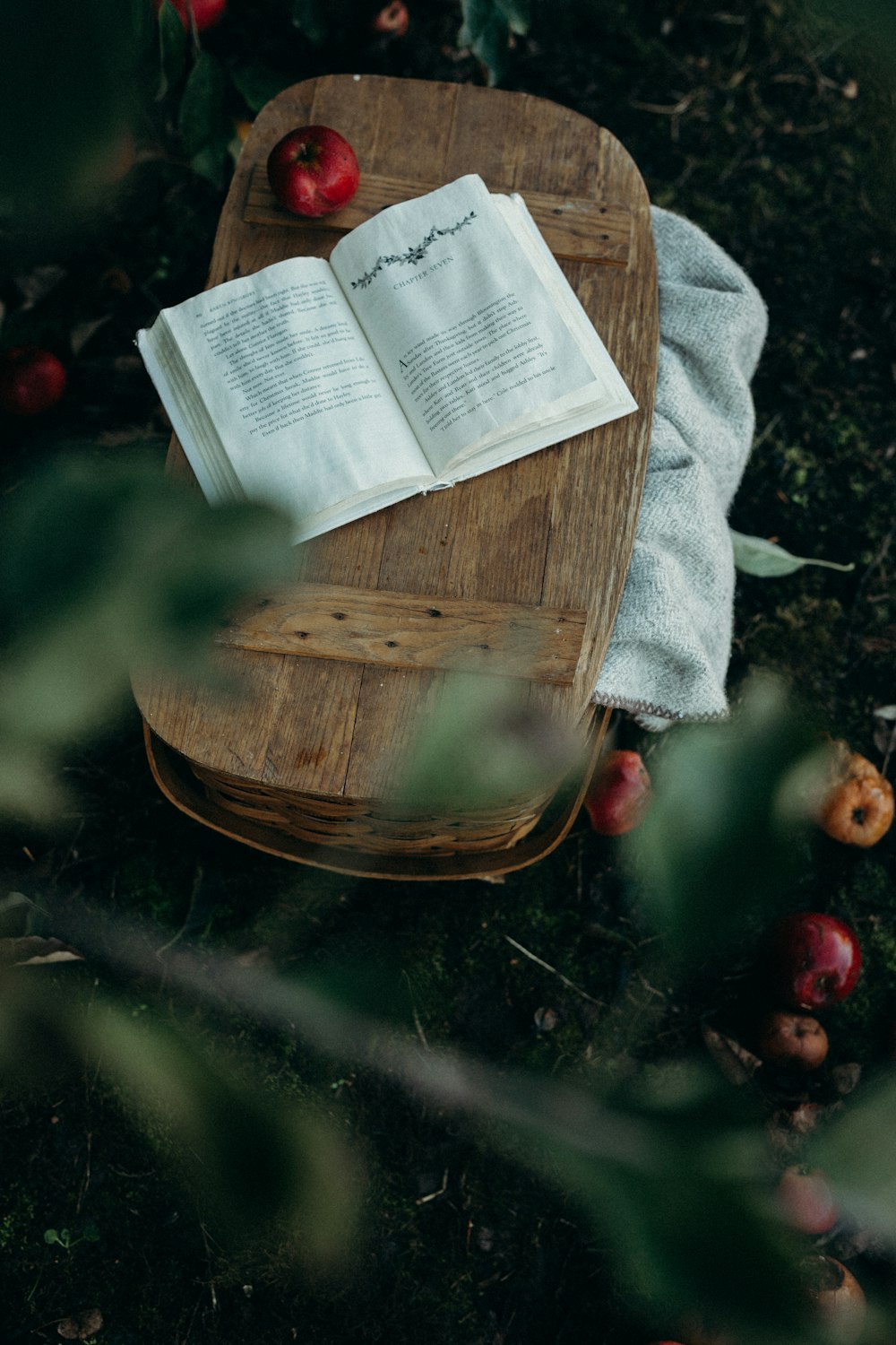 white book on top of brown picnic basket