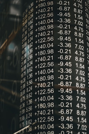 A board displays various financial numbers, including positive and negative values with decimal points. The numbers are aligned in columns, suggesting a stock market or financial data context. The overall scene conveys a sense of an analytic or financial environment.
