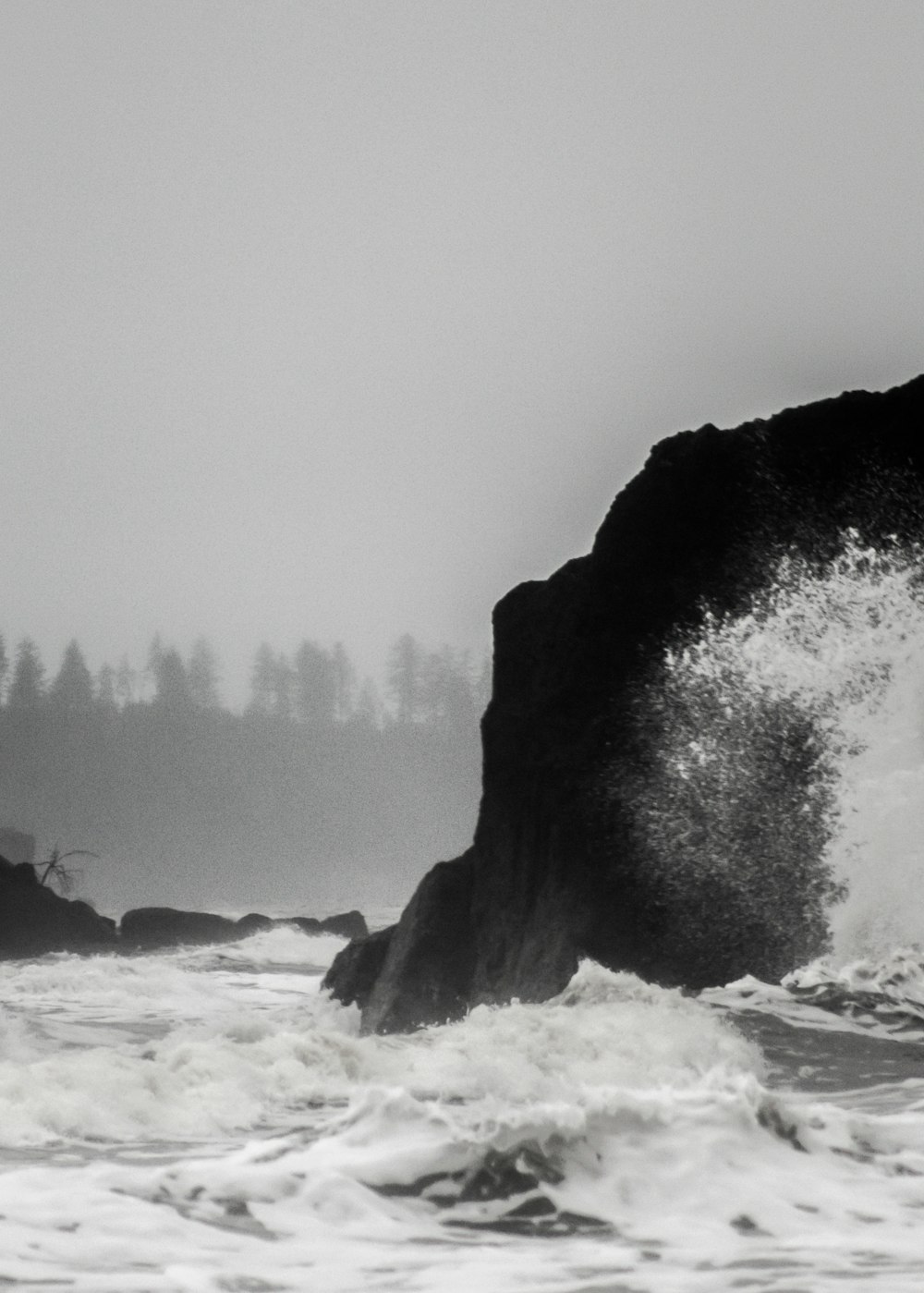 ocean waves crashing on shore during foggy weather
