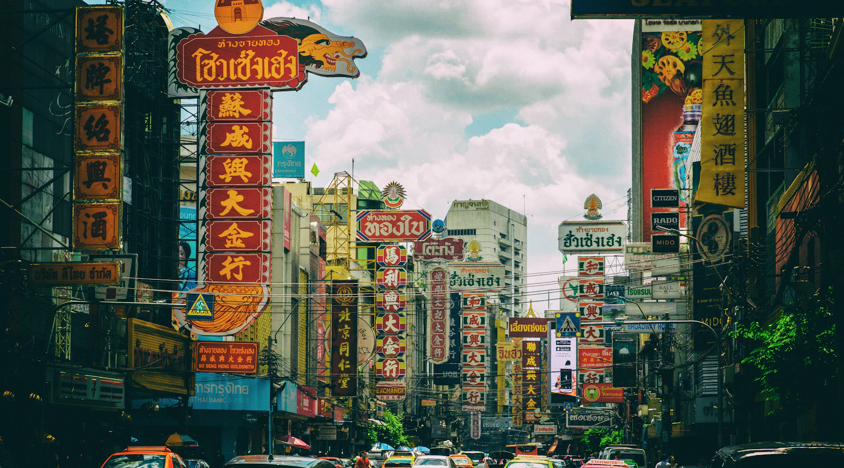 Bright neon signs along Yaowarat Road in Bangkok Chinatown