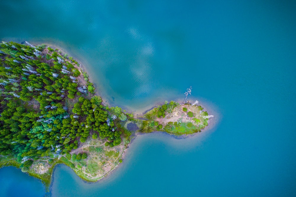aerial photo of green and brown island and blue calm body of water at daytime