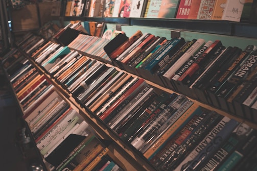 Books are neatly arranged on several wooden shelves in a bookstore or library setting. The shelves are filled with a wide variety of books, showcasing both hardcovers and paperbacks, with colorful spines displaying different titles and authors.