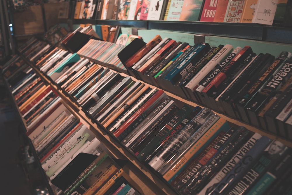 assorted-title books on brown shelf