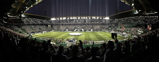 A packed stadium under floodlights with players mid-game chasing the ball.