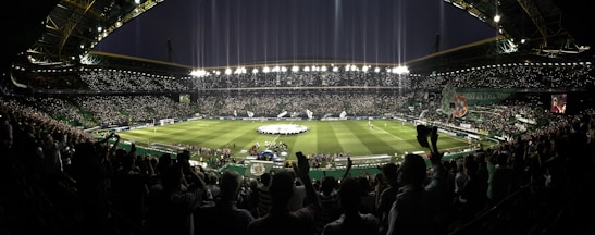 A vibrant stadium scene with excited fans cheering as celebrities take the field under bright lights.