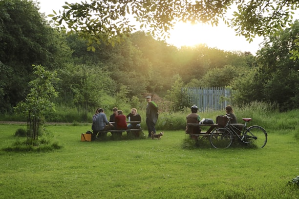 A warm gathering of diverse families smiling and sharing a picnic in a sunny park.