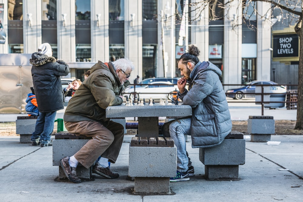 two person playing chess on park
