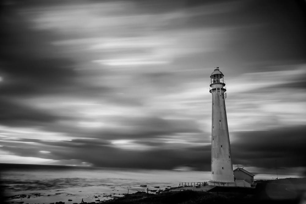 grayscale photo of lighthouse