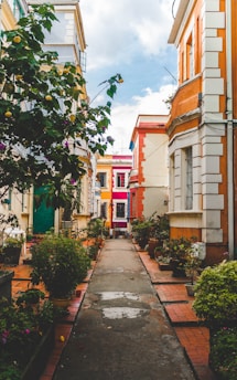 photo of narrow road beside concrete houses during daytime