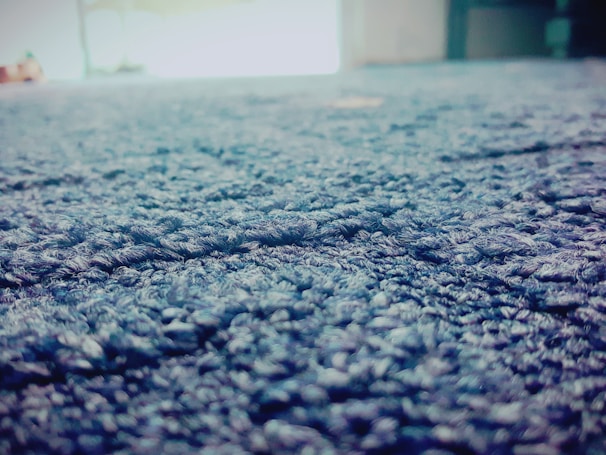 A close-up view of a textured, blue carpet with intricate loops and patterns. The background appears blurred, indicating depth of field, with hints of light entering from a window or door in the distance.