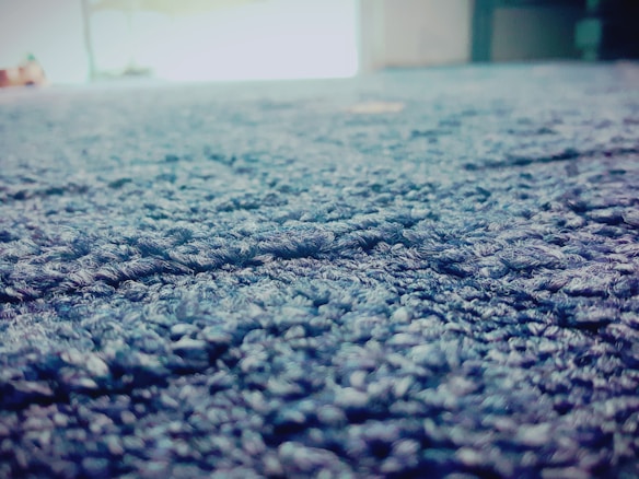 A close-up view of a textured, blue carpet with intricate loops and patterns. The background appears blurred, indicating depth of field, with hints of light entering from a window or door in the distance.