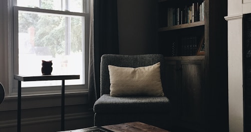 gray throw pillow on black chair by the window