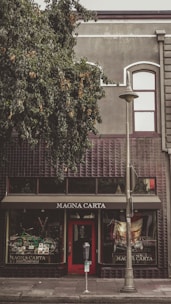 A storefront with the sign 'MAGNA CARTA' above the entrance. There is a red door at the center with a parking meter in front and a streetlamp to the side. The building has a dark, textured facade with a large tree covering part of the upper area.