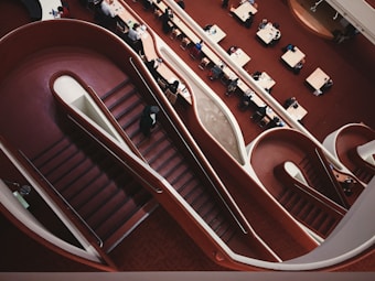 Curved, modern staircases with warm wood tones spiral through a large, open indoor space. People are seated at tables, engaged in various activities like reading and using laptops. The design features smooth, flowing lines and a mix of communal and private areas, creating a dynamic, bustling atmosphere.