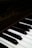 Close-up view of a piano keyboard showing several black and white keys. The focus is on the keys with the brand name faintly visible on the darker wooden surface above them.