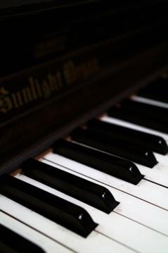 Close-up view of a piano keyboard showing several black and white keys. The focus is on the keys with the brand name faintly visible on the darker wooden surface above them.