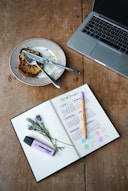 bread on top of plate beside gray laptop