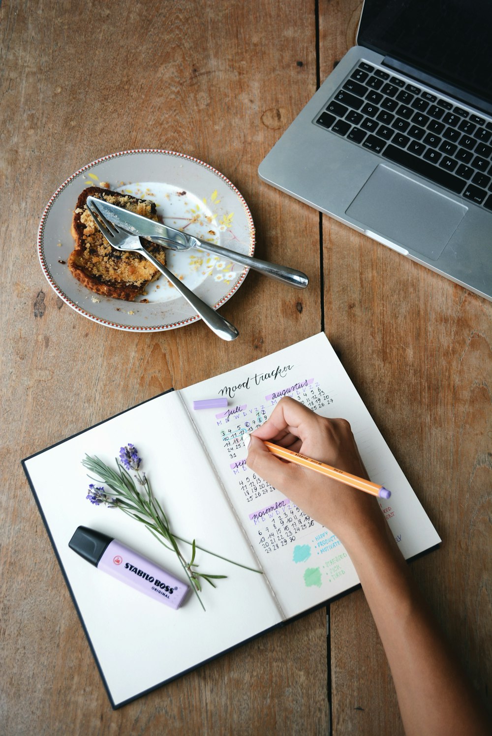 person holding orange pen on to of journal beside Stabilo Boss highlighter, tracking her mood on a self made mood tracker in her journal, as she takes on her career plan