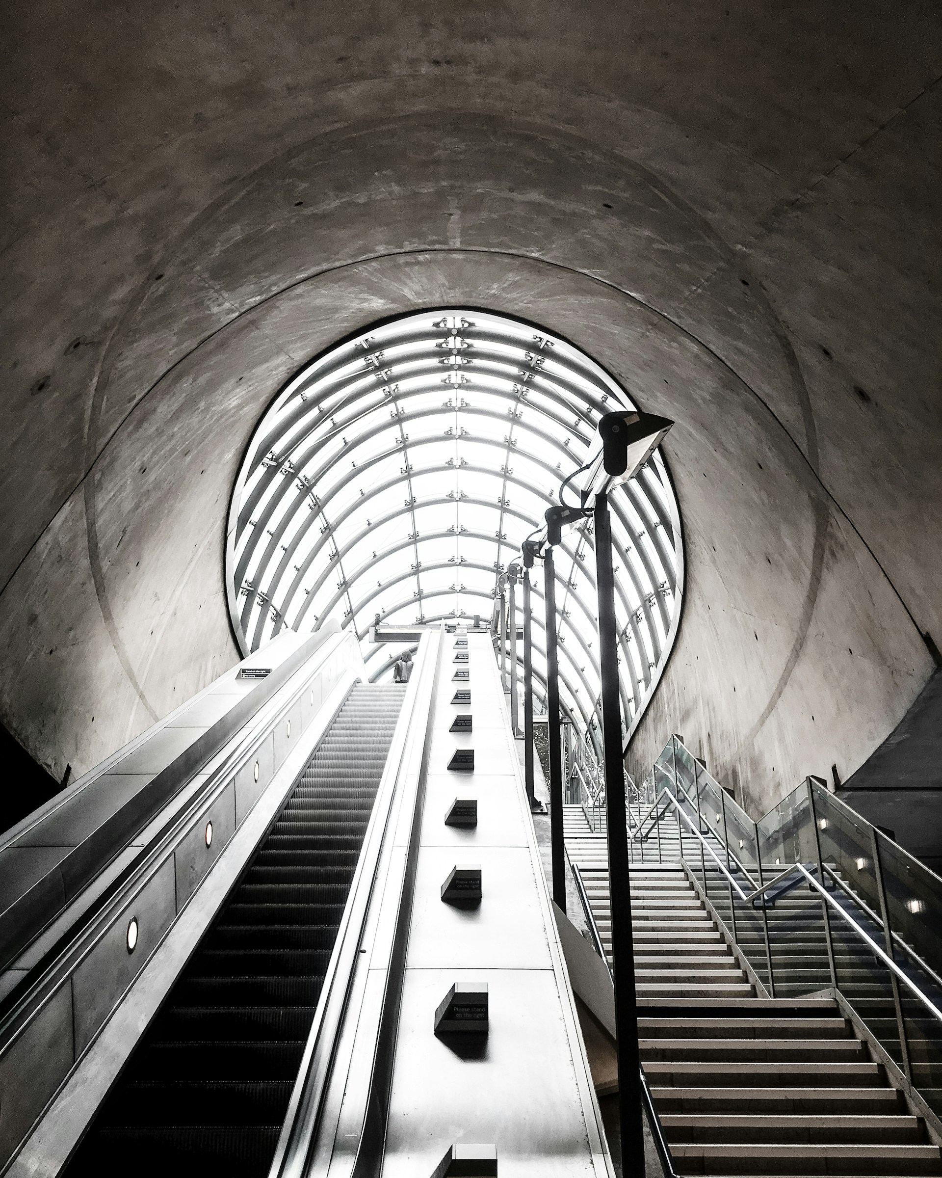 architectural photography of stairs beside escalator