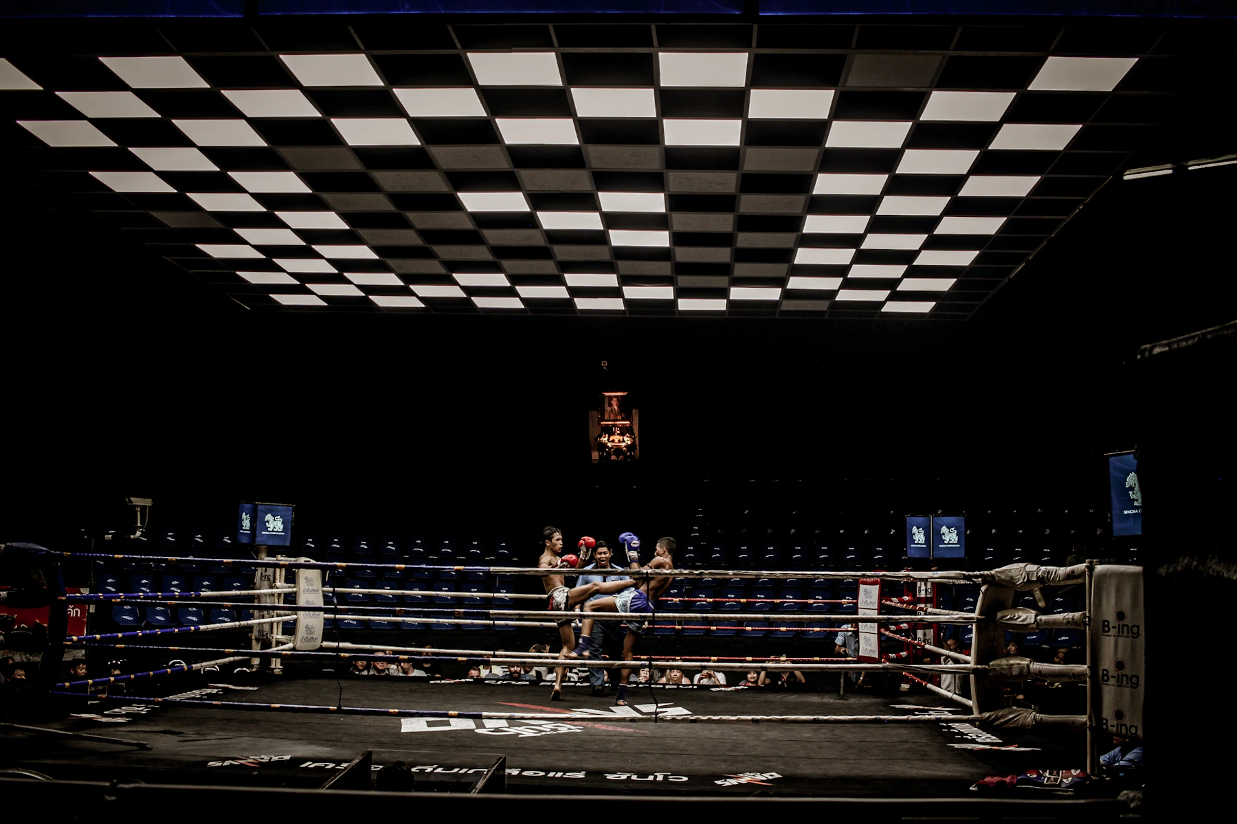 Two boxers wearing red and blue gloves facing each other in a boxing ring.