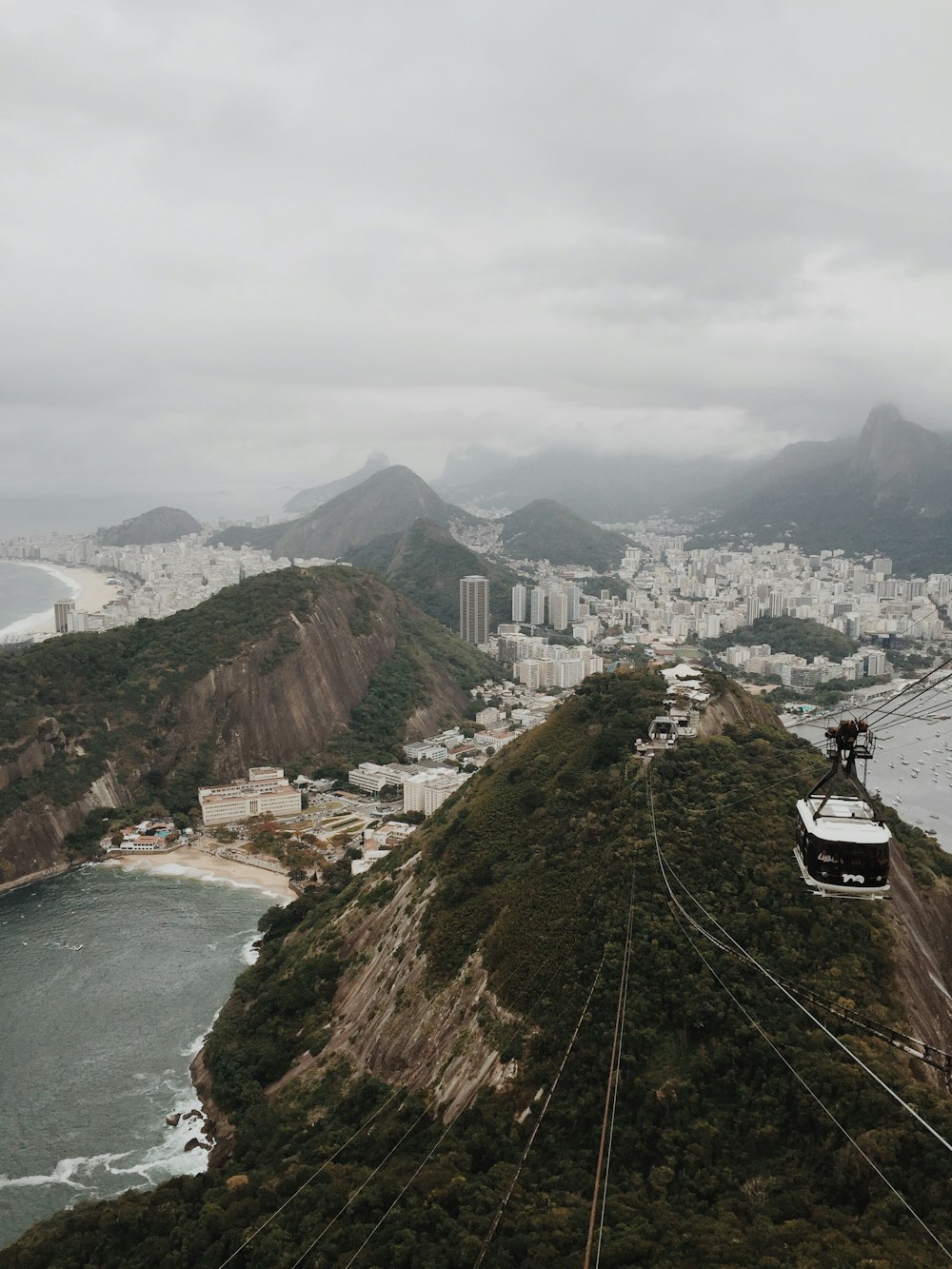 Luftaufnahme der Seilbahn über einem baumbestandenen Berg