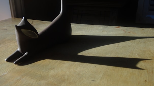 A sleek black cat stretching gracefully on a minimalist wooden floor