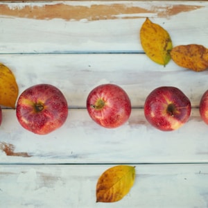 five honeycrisp apples on table