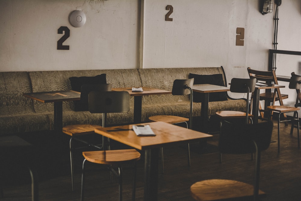 square brown table with four stools