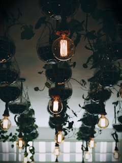 Multiple vintage-style light bulbs hang from a ceiling interwoven with lush green plants. The warm glow of the bulbs contrasts with the dark foliage, creating an artistic and industrial ambiance. The background features a soft, blurred light from windows or a skylight.
