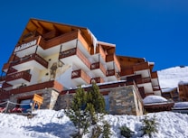 A multi-story alpine lodge with wooden balconies and stone accents, set against a clear blue sky. The building features a mural on one side and is surrounded by snow, with a few small evergreen trees in the foreground.