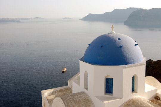 concrete cathedral near ocean in Santorini Greece