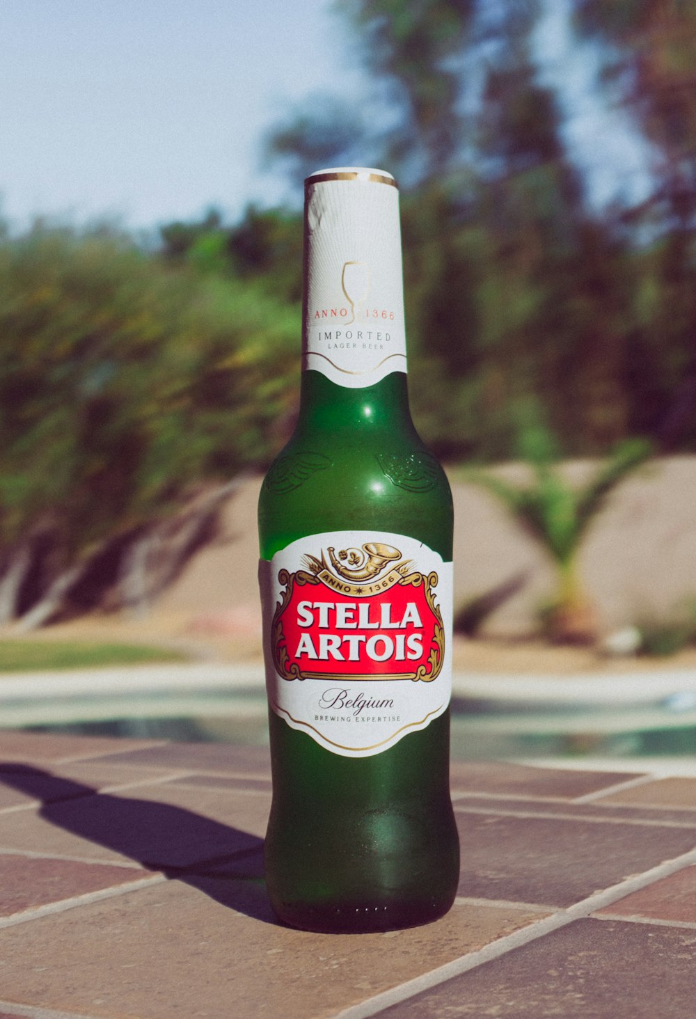수영장 옆에 있는 Stella Artois 병의 선택적 초점 사진