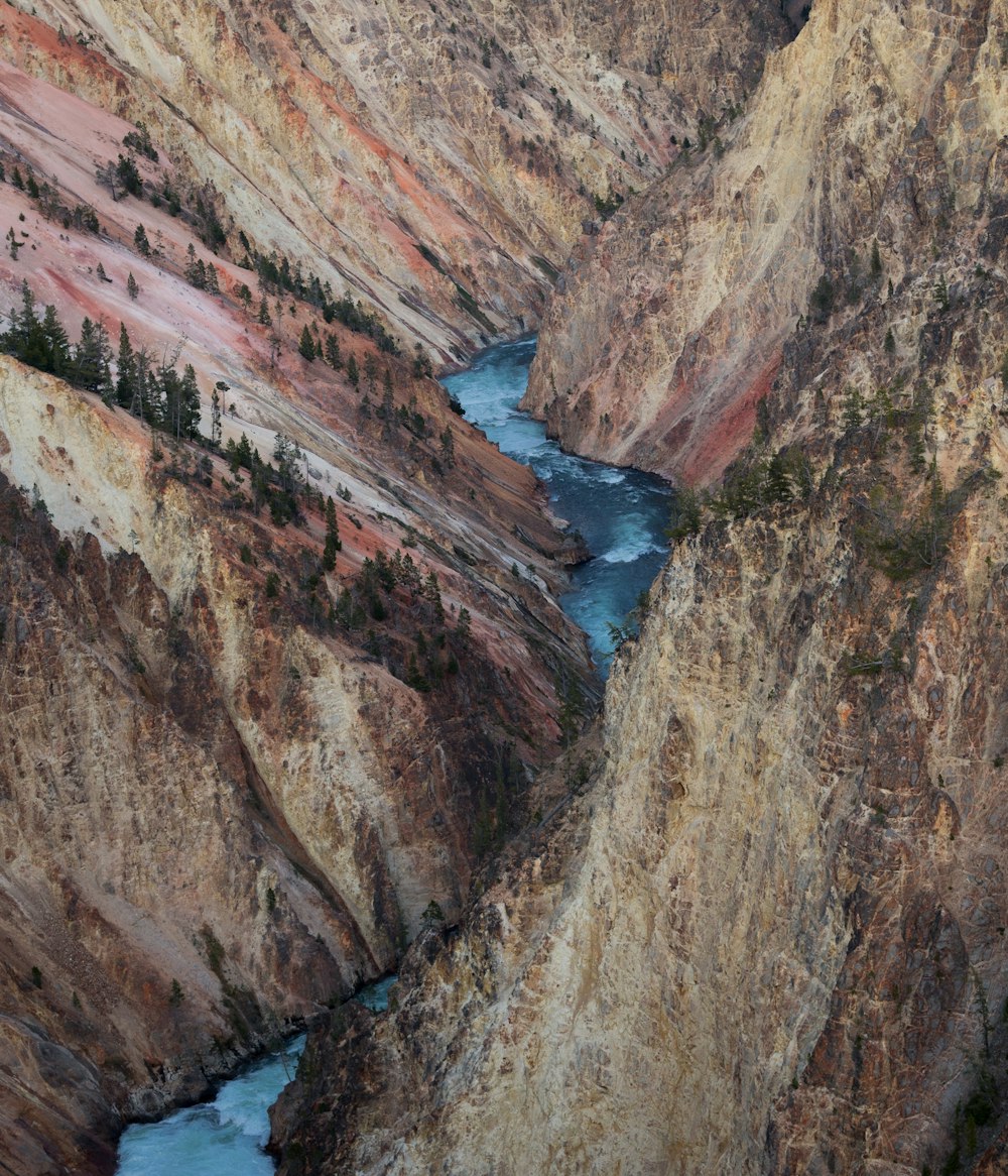 fotografia ad alto angolo del fiume in mezzo alla montagna