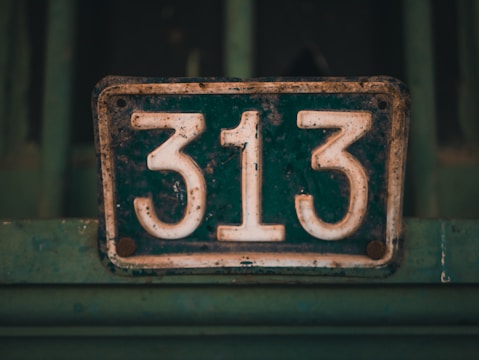 A vintage, weathered metal sign displays the number 313. The sign is dark green in color with large white numerals, and it shows signs of rust and wear. The background is a blurred shade of green, suggesting it is attached to an old gate or structure.