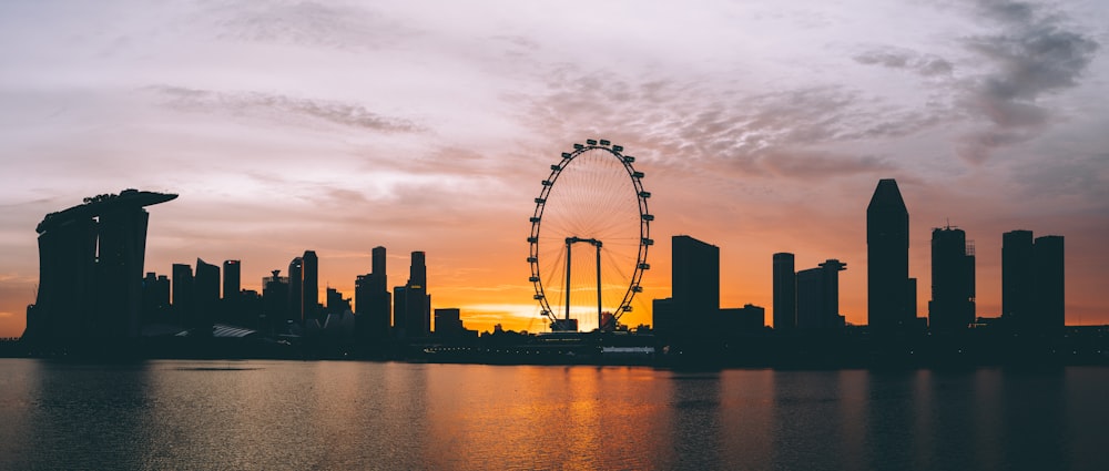 silhouette photography of Ferris wheel and high-rise buildings