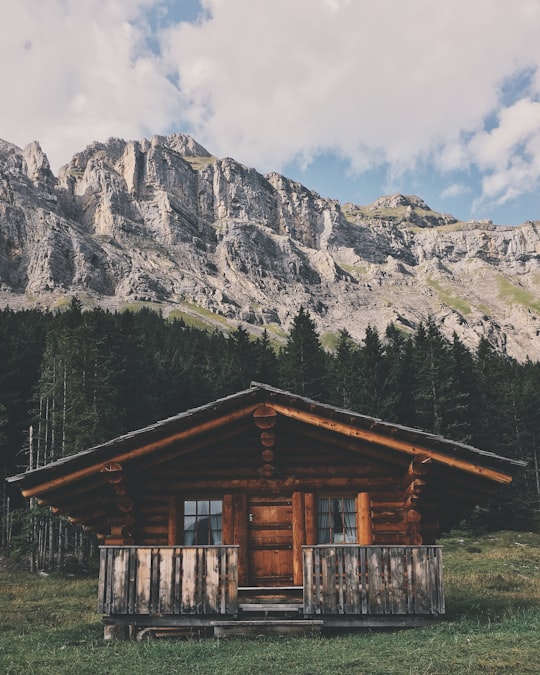 brown wooden cabin infront of forest in Oeschinen Lake Switzerland