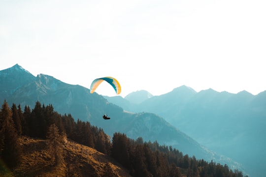person paragliding near mountain at daytime in Schynige Platte Switzerland