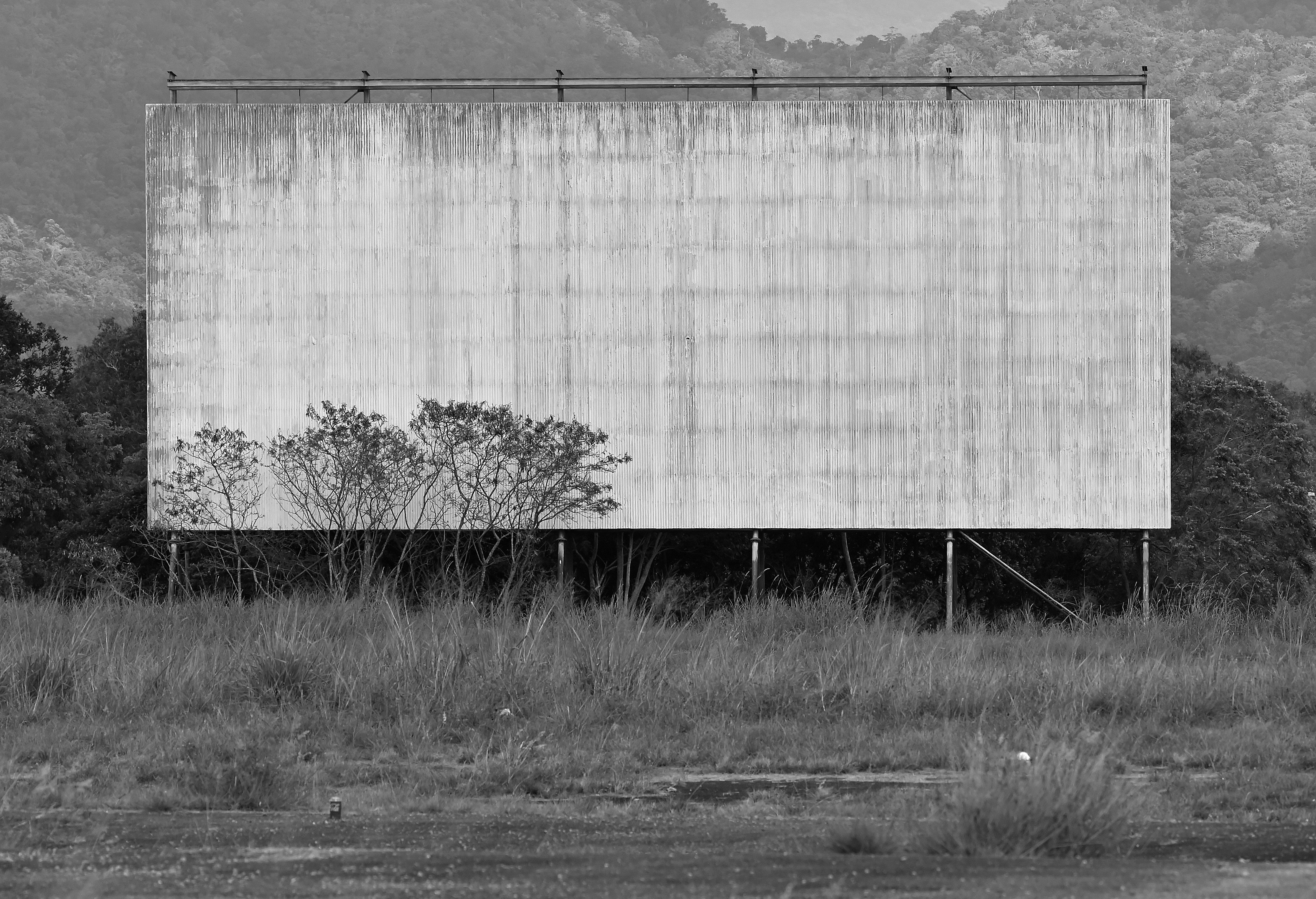 grayscale photography of billboard